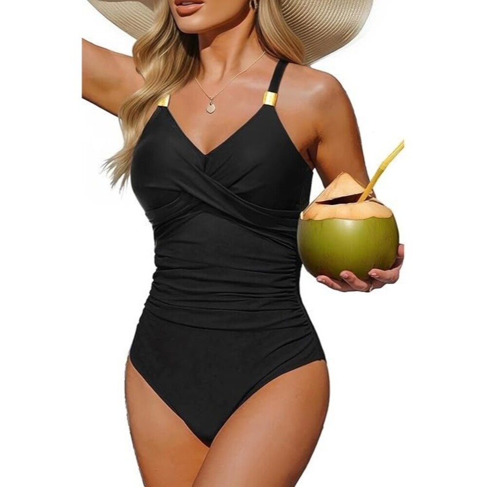 NWT Tempt Me Womens Tummy Control Black Gold Metal One Piece Swimsuit - Size S